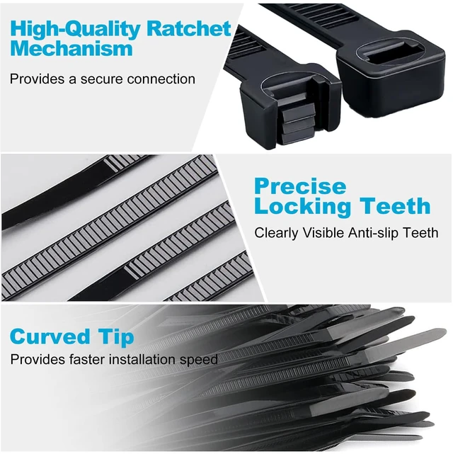 Alt view image 3 of 7 - 150 Pack Zip Ties 8 Inch Black, 40lbs Tensile Strength, Nylon Cable Ties | Self-Locking Wire Ties, Premium Plastic Zip Ties, Tie Wraps for Indoor and Outdoor Multipurpose Use