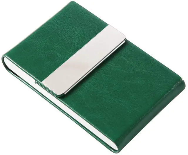 Main image of JuneLsy Business Card Holder Case - Professional PU Leather Metal Name Card Holder Pocket Business Card Carrier for Men & Women with Magnetic Shut (S-Dark green)