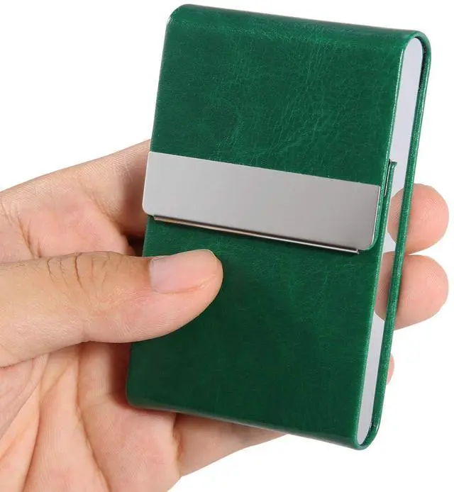 Alt view image 3 of 7 - JuneLsy Business Card Holder Case - Professional PU Leather Metal Name Card Holder Pocket Business Card Carrier for Men & Women with Magnetic Shut (S-Dark green)