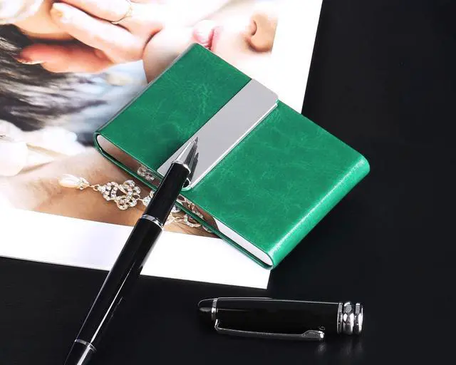 Alt view image 7 of 7 - JuneLsy Business Card Holder Case - Professional PU Leather Metal Name Card Holder Pocket Business Card Carrier for Men & Women with Magnetic Shut (S-Dark green)