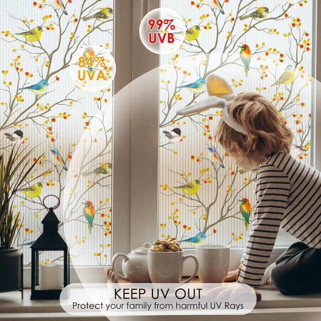 Alt view image 3 of 7 - DKTIE Reeded Glass Window Film Seamless Pattern Colored Birds 17.7" x 78.7" | Bathroom Window Privacy Film Waterproof Easy to Install Renter Friendly