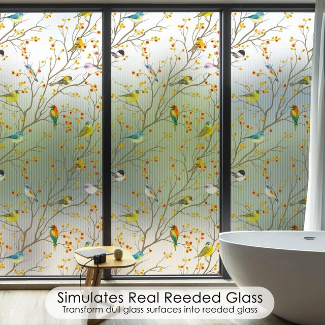 Alt view image 2 of 7 - DKTIE Reeded Glass Window Film Seamless Pattern Colored Birds 17.7" x 78.7" | Bathroom Window Privacy Film Waterproof Easy to Install Renter Friendly