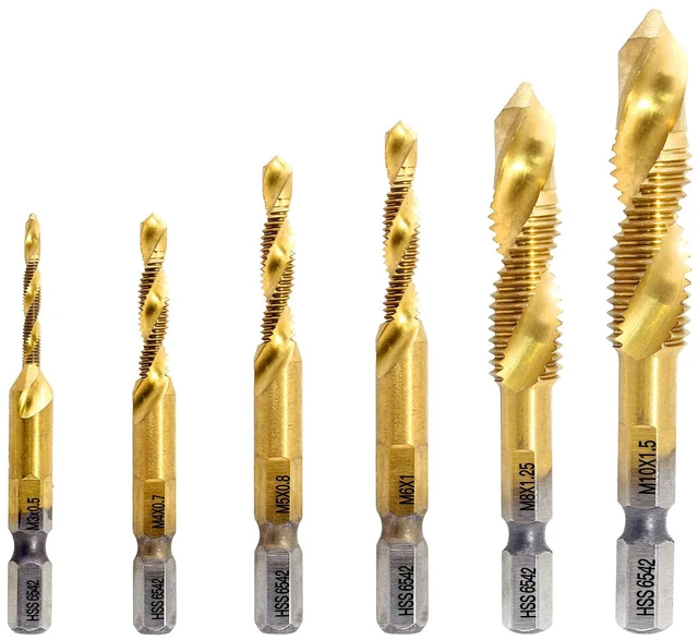Main image of 6 Pcs Combination Tap and Drill Bit Set | Titanium Coated HSS Thread Tap Drill Bits, M3 M4 M5 M6 M8 M10 Metric Sizes, 1/4 Inch Hex Shank