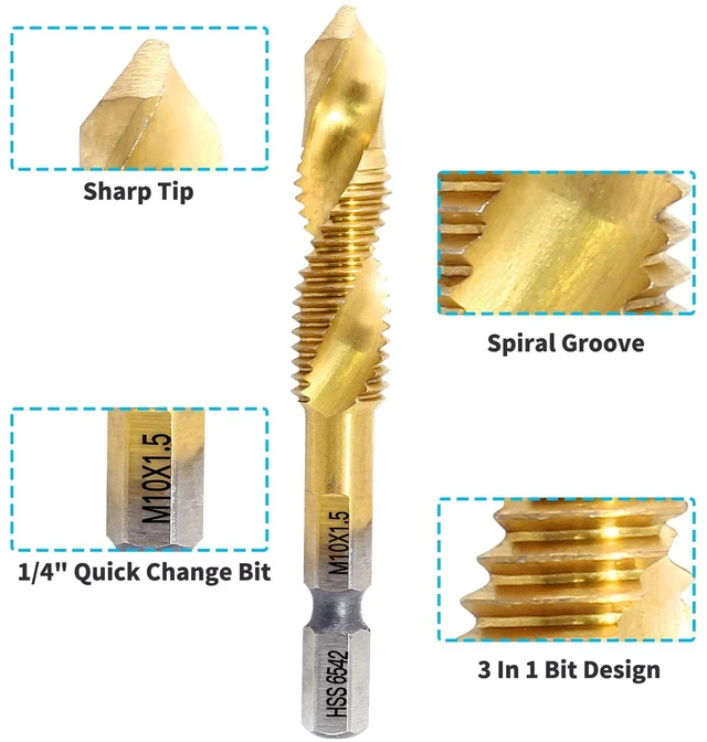 Alt view image 3 of 6 - 6 Pcs Combination Tap and Drill Bit Set | Titanium Coated HSS Thread Tap Drill Bits, M3 M4 M5 M6 M8 M10 Metric Sizes, 1/4 Inch Hex Shank
