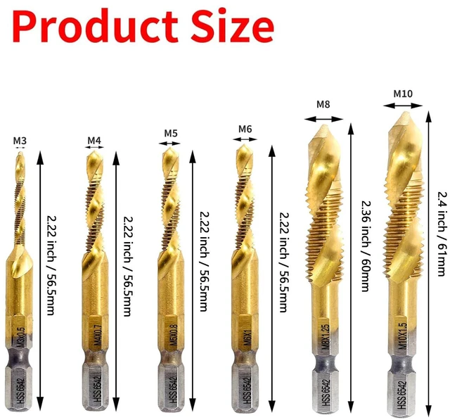 Alt view image 2 of 6 - 6 Pcs Combination Tap and Drill Bit Set | Titanium Coated HSS Thread Tap Drill Bits, M3 M4 M5 M6 M8 M10 Metric Sizes, 1/4 Inch Hex Shank