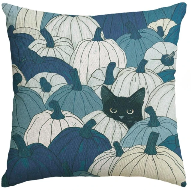 Main image of Fall Pumpkin Black Cat Blue Throw Pillow Cover 18x18 Inch | Seasonal Autumn Thanksgiving Harvest Decoration for Sofa Couch Farmhouse Living Room Decor