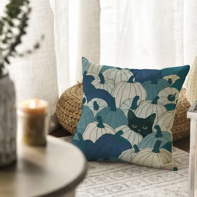 Alt view image 2 of 7 - Fall Pumpkin Black Cat Blue Throw Pillow Cover 18x18 Inch | Seasonal Autumn Thanksgiving Harvest Decoration for Sofa Couch Farmhouse Living Room Decor