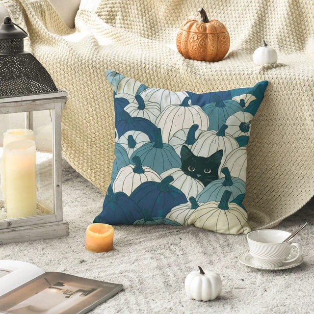 Alt view image 3 of 7 - Fall Pumpkin Black Cat Blue Throw Pillow Cover 18x18 Inch | Seasonal Autumn Thanksgiving Harvest Decoration for Sofa Couch Farmhouse Living Room Decor