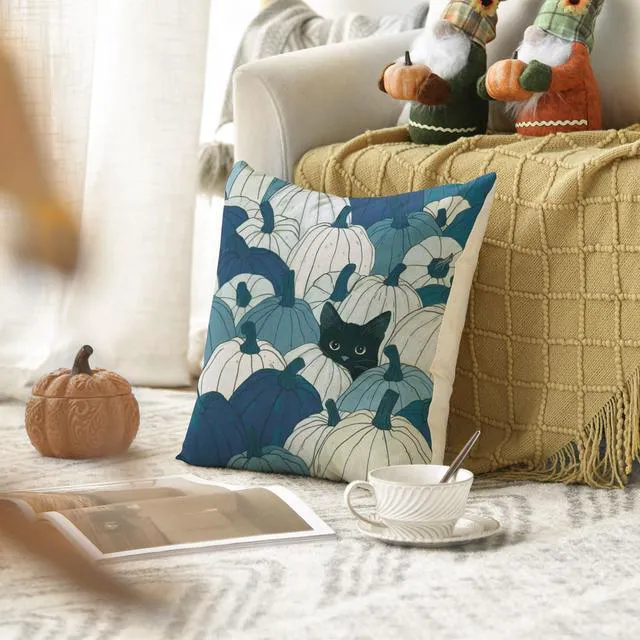 Alt view image 5 of 7 - Fall Pumpkin Black Cat Blue Throw Pillow Cover 18x18 Inch | Seasonal Autumn Thanksgiving Harvest Decoration for Sofa Couch Farmhouse Living Room Decor