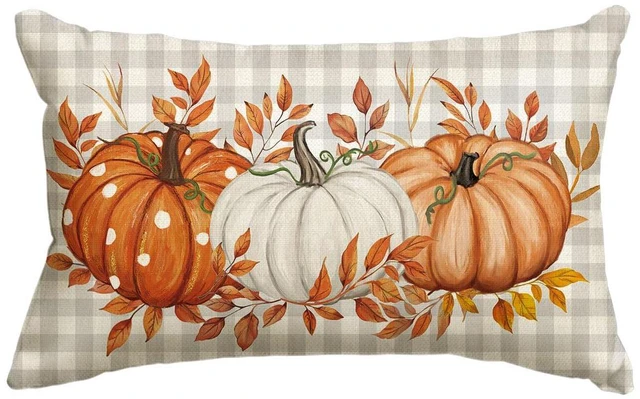 Main image of Fall Orange Pumpkin Plaid Throw Pillow Cover 12x20 Inch | Seasonal Autumn Thanksgiving Harvest Decoration for Sofa Couch Farmhouse Living Room Decor