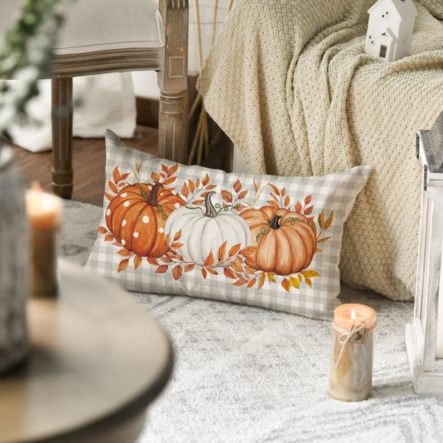 Alt view image 4 of 7 - Fall Orange Pumpkin Plaid Throw Pillow Cover 12x20 Inch | Seasonal Autumn Thanksgiving Harvest Decoration for Sofa Couch Farmhouse Living Room Decor