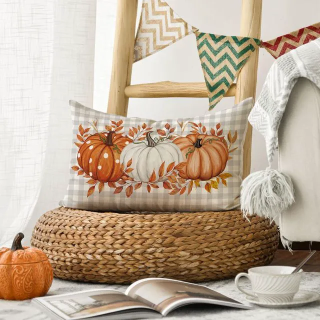 Alt view image 5 of 7 - Fall Orange Pumpkin Plaid Throw Pillow Cover 12x20 Inch | Seasonal Autumn Thanksgiving Harvest Decoration for Sofa Couch Farmhouse Living Room Decor