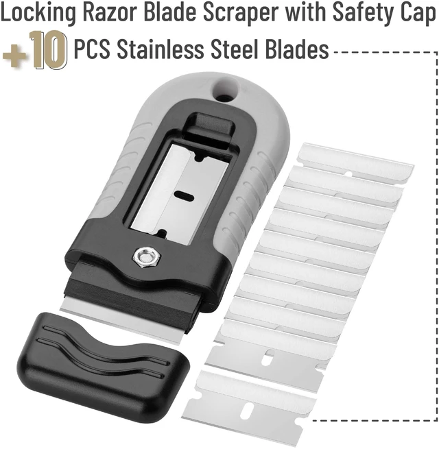 Alt view image 2 of 6 - Razor Blade Scraper, Grey, Locking Razor Scraper Set with 10 Extra Stainless Steel Blades, Window Scraper, Scraper Tool, Glass Scraper, Scraper Blades, Paint Scraper Blade Scraper for Cleaning
