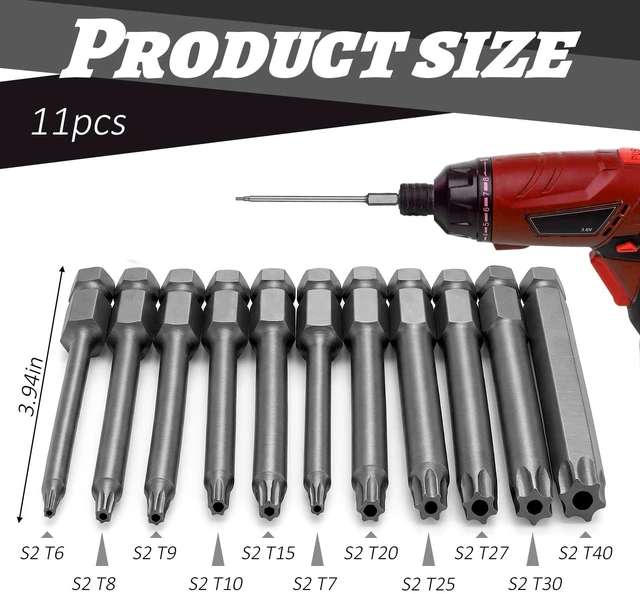 Alt view image 2 of 7 - 11PCS Security Torx Bit, 1/4 Inch Hex Shank S2 Steel Magnetic Tamper Proof Star Screwdriver Bit Set, S2 Torx Screwdriver Bits Sets (T6-T40)