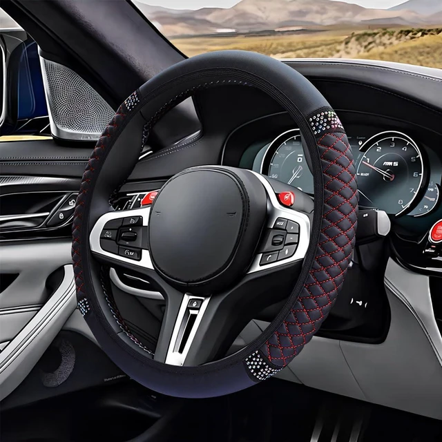 Main image of Leather Steering Wheel Cover, Bling Car Interior Accessory (BL&RD) | 15" Soft Anti-Slip Elastic Steering Wheel Protector, Colorful Diamond Crystal Car Accessories for Most Vehicles