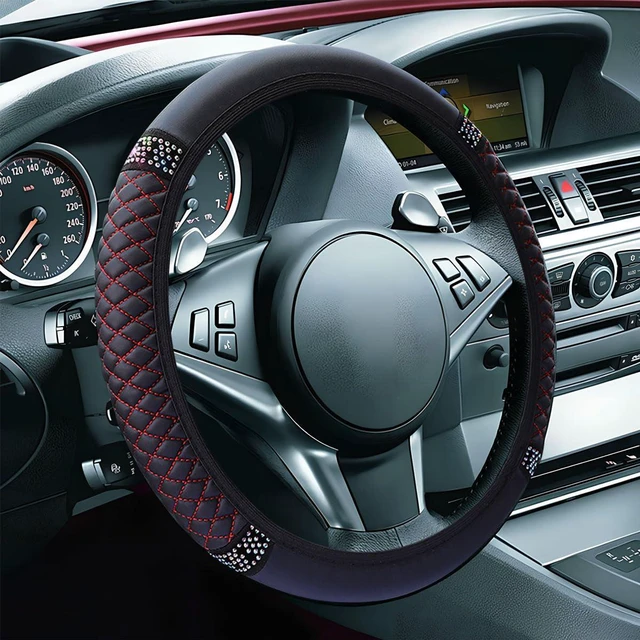 Alt view image 2 of 6 - Leather Steering Wheel Cover, Bling Car Interior Accessory (BL&RD) | 15" Soft Anti-Slip Elastic Steering Wheel Protector, Colorful Diamond Crystal Car Accessories for Most Vehicles