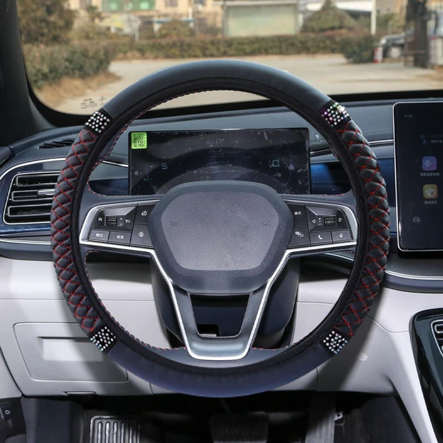 Alt view image 5 of 6 - Leather Steering Wheel Cover, Bling Car Interior Accessory (BL&RD) | 15" Soft Anti-Slip Elastic Steering Wheel Protector, Colorful Diamond Crystal Car Accessories for Most Vehicles