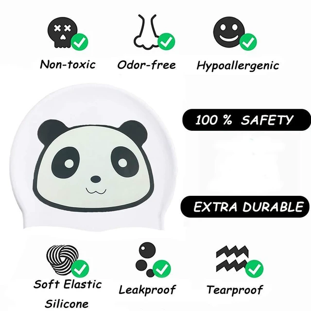 Alt view image 3 of 6 - Swim Cap&Goggle, Fun Swimming Cap&Goggle for Kids & Toddlers,High Elastic Silicone Waterproof Swim Cap with Anti-Fog Goggle Set for Children, Boys, Girls Age 3-12,Lovely Cute Cartoon (White)