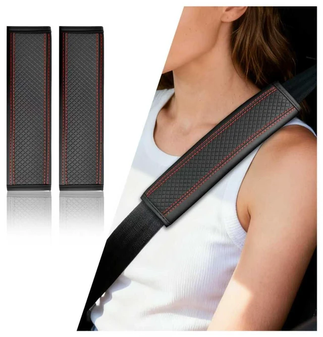 Main image of 2PCS Leather Car Seat Belt Cover Pad,Stylish Seatbelt Covers with Diamond-Patterned Designs,Comfortable & Breathable Car Seat Strap Pads for Neck & Shoulder Pain Relief (Black Red/2PCS)