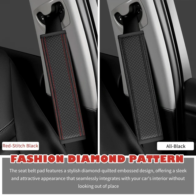 Alt view image 3 of 7 - 2PCS Leather Car Seat Belt Cover Pad,Stylish Seatbelt Covers with Diamond-Patterned Designs,Comfortable & Breathable Car Seat Strap Pads for Neck & Shoulder Pain Relief (Black Red/2PCS)