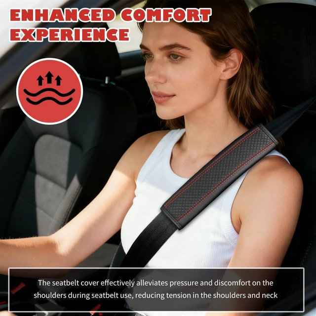 Alt view image 4 of 7 - 2PCS Leather Car Seat Belt Cover Pad,Stylish Seatbelt Covers with Diamond-Patterned Designs,Comfortable & Breathable Car Seat Strap Pads for Neck & Shoulder Pain Relief (Black Red/2PCS)
