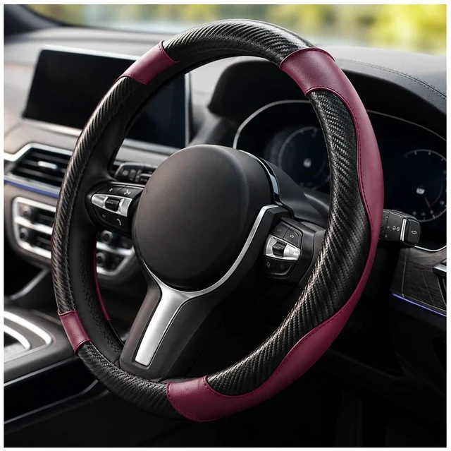 Main image of Car Steering Wheel Cover, 15 Inch Breathable Leather Elastic Vehicle Wheel Protector, Universal Non-Slip Carbon Fiber Steering Wheel Wrap Comfy Grip for Cars Trucks SUVs (Wine Red)