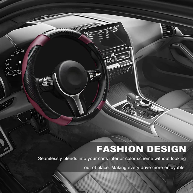 Alt view image 5 of 6 - Car Steering Wheel Cover, 15 Inch Breathable Leather Elastic Vehicle Wheel Protector, Universal Non-Slip Carbon Fiber Steering Wheel Wrap Comfy Grip for Cars Trucks SUVs (Wine Red)
