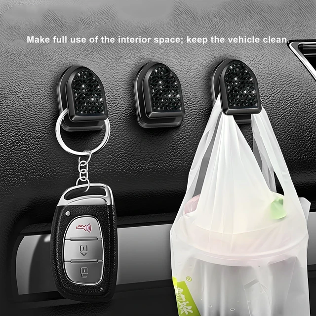 Alt view image 3 of 6 - 4 PCS Bling Car Mini Hooks, Sparkling Rhinestone Auto Back Seat Hanging Hook Interior Organizer, Multifunctional Crystal Vehicle Dashboard Hangers for Cable Hat Coat Key (Black)