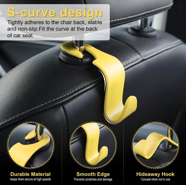 Alt view image 2 of 5 - Car Seat Headrest Hook, Car Headrest Hidden Hook, 4 Pack Universal Auto Car Back Seat Hook Organizer for Purse Coat, Car Interior Accessories (Yellow)