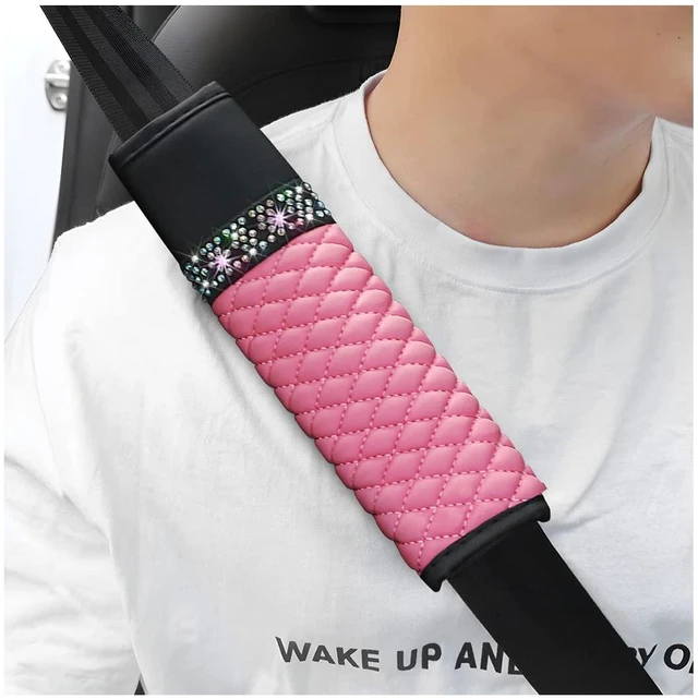 Main image of 2 Pack PU Leather Seat Belt Shoulder Pads, Pink | EVA double-layer sponge, hook-and-loop closure, cushions neck contact, fits straps up to 2.56 Inch, car interior accessories