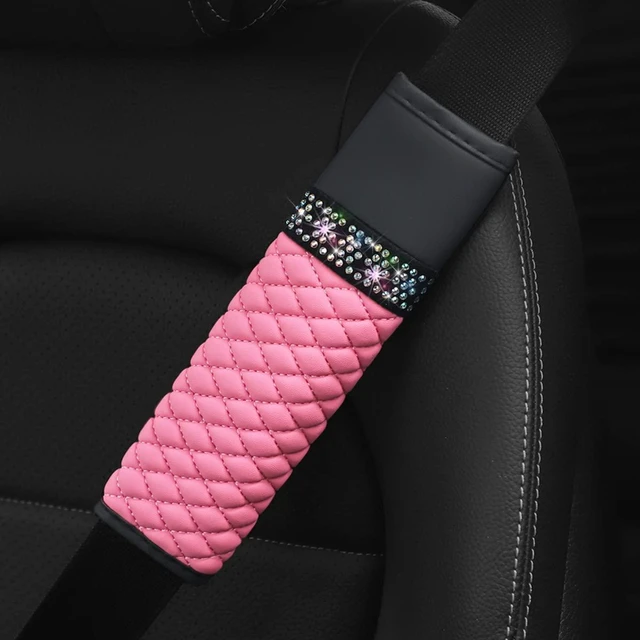 Alt view image 5 of 6 - 2 Pack PU Leather Seat Belt Shoulder Pads, Pink | EVA double-layer sponge, hook-and-loop closure, cushions neck contact, fits straps up to 2.56 Inch, car interior accessories