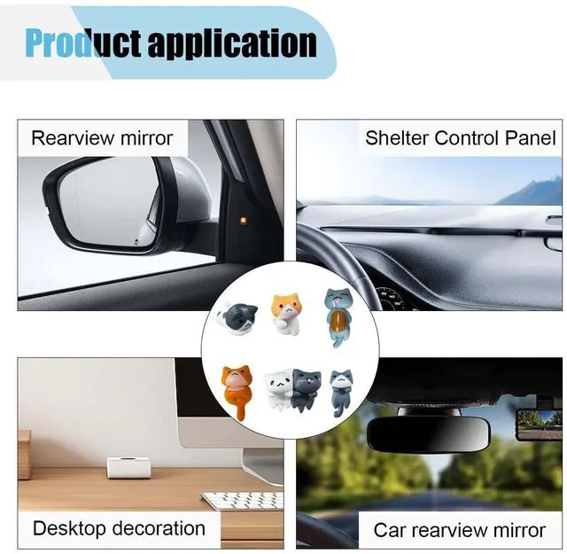 Alt view image 5 of 6 - 6PCS Car Cute Cat Decorations, Fun Car Rear View Mirror Ornaments, Cat Figurines Set Dashboard Decorations, Universal Auto Interior Accessories for Vehicle Home Desk Office (6PCS)