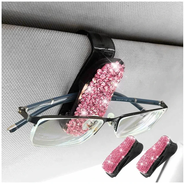 Main image of 2 PCS Car Glasses Holder, Bling Sun Visor Clip, Pink | 3.05x1.34x1.93 Inch, most sun visors, ABS/rhinestones, ticket card slot, 180° rotation, interior accessories