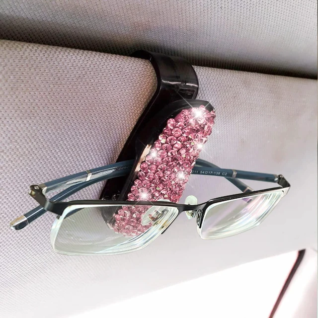 Alt view image 5 of 6 - 2 PCS Car Glasses Holder, Bling Sun Visor Clip, Pink | 3.05x1.34x1.93 Inch, most sun visors, ABS/rhinestones, ticket card slot, 180° rotation, interior accessories