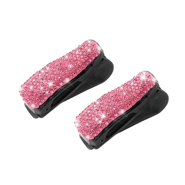 Alt view image 6 of 6 - 2 PCS Car Glasses Holder, Bling Sun Visor Clip, Pink | 3.05x1.34x1.93 Inch, most sun visors, ABS/rhinestones, ticket card slot, 180° rotation, interior accessories