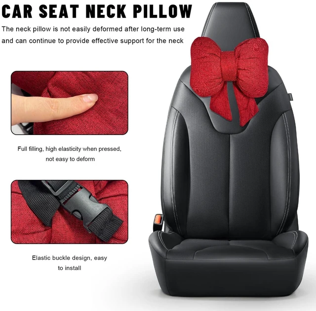 Alt view image 3 of 6 - Bow Car Headrest Pillow, Bow-Shaped Car Headrest Cushion Cute Interior Decor with Elastic Buckle, Breathable Comfortable Seat Neck Support Pillow for Auto Office Travel (Red)
