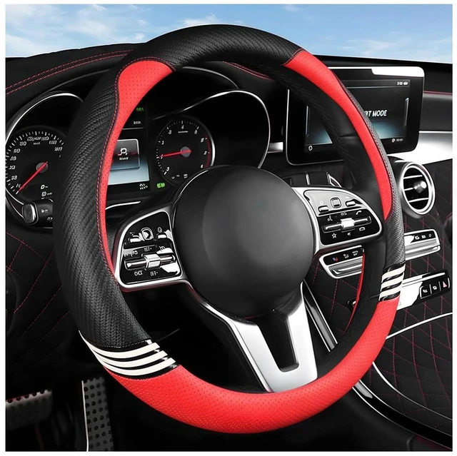 Main image of Car Steering Wheel Cover, 14.5-15" Cute Carbon Fiber Breathable Steering Wheel Protector with Non-Slip Lining, Stylish Auto Interior Protection Accessories, Universal for RV Truck Sedan (Red)