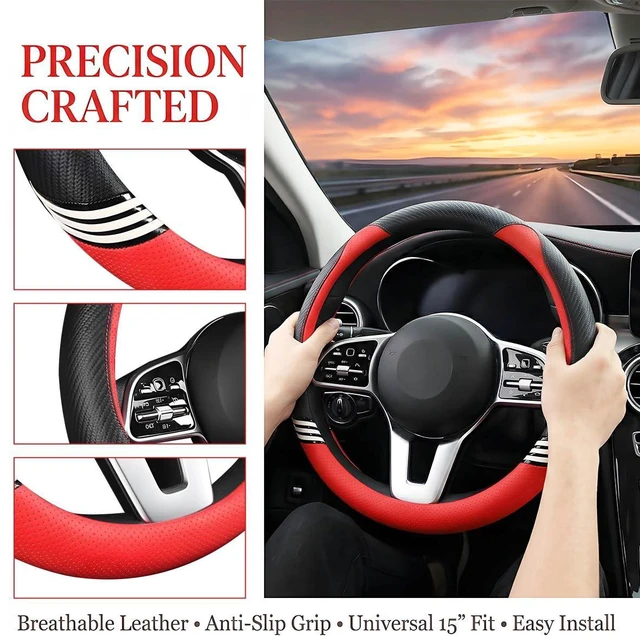 Alt view image 3 of 7 - Car Steering Wheel Cover, 14.5-15" Cute Carbon Fiber Breathable Steering Wheel Protector with Non-Slip Lining, Stylish Auto Interior Protection Accessories, Universal for RV Truck Sedan (Red)