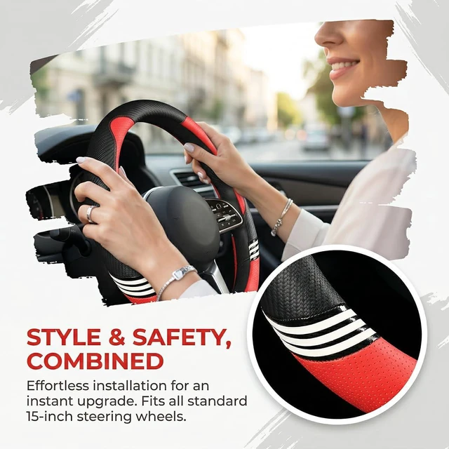 Alt view image 4 of 7 - Car Steering Wheel Cover, 14.5-15" Cute Carbon Fiber Breathable Steering Wheel Protector with Non-Slip Lining, Stylish Auto Interior Protection Accessories, Universal for RV Truck Sedan (Red)