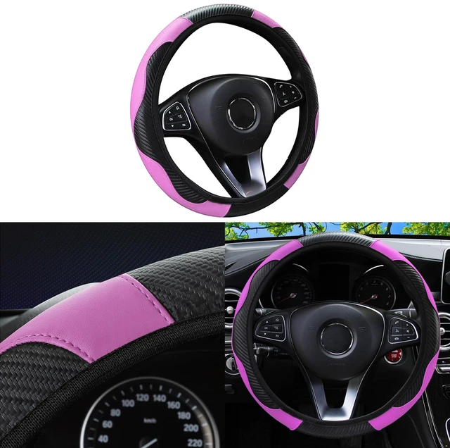 Main image of Car Steering Wheel Cover, 15 inch Carbon Fiber Microfiber Anti-Slip Breathable PU Leather Elastic Steering Wheel Protector, Car Interior Accessories for Most Cars (Pink)