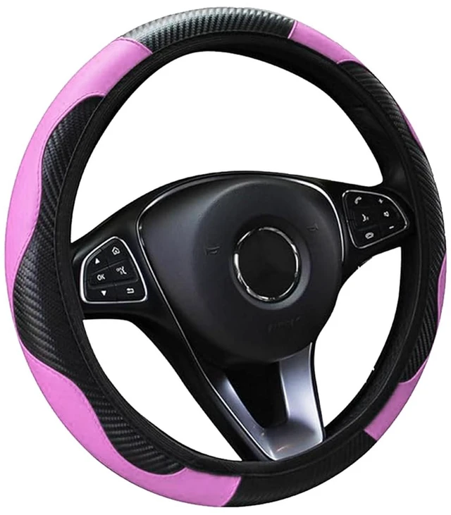 Alt view image 2 of 5 - Car Steering Wheel Cover, 15 inch Carbon Fiber Microfiber Anti-Slip Breathable PU Leather Elastic Steering Wheel Protector, Car Interior Accessories for Most Cars (Pink)