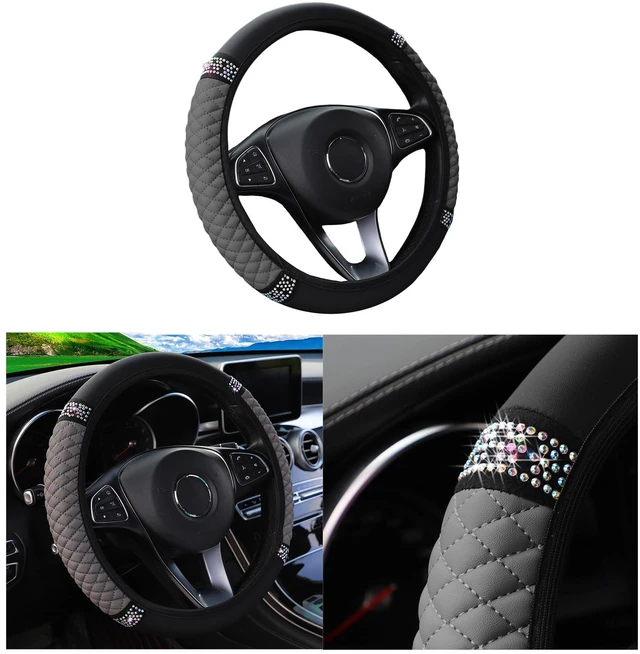 Main image of 14.5-15 Inch Rhinestone Steering Wheel Cover, Style B, Gray | leather contact surface, elastic slip-on fit, anti-slip inner layer, fits matching diameters, car interior accessories