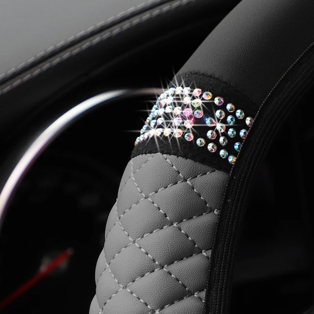 Alt view image 3 of 7 - 14.5-15 Inch Rhinestone Steering Wheel Cover, Style B, Gray | leather contact surface, elastic slip-on fit, anti-slip inner layer, fits matching diameters, car interior accessories