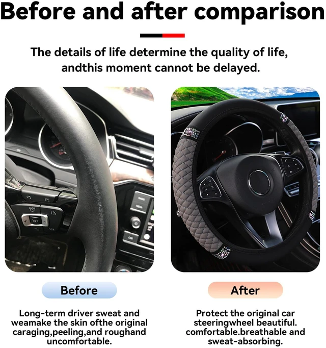 Alt view image 5 of 7 - 14.5-15 Inch Rhinestone Steering Wheel Cover, Style B, Gray | leather contact surface, elastic slip-on fit, anti-slip inner layer, fits matching diameters, car interior accessories