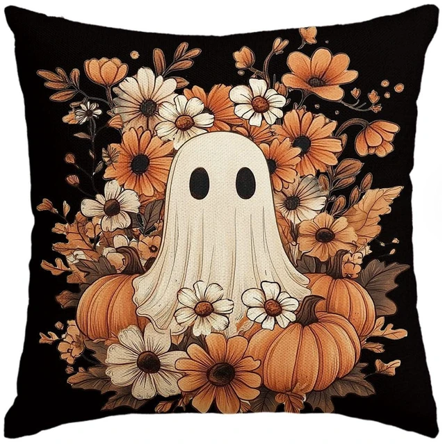 Main image of Halloween Ghost Pumpkin Black Throw Pillow Cover, 18 x 18 Inch Holiday Farmhouse Orange Flower Spooky Cushion Case Decoration for Sofa Couch