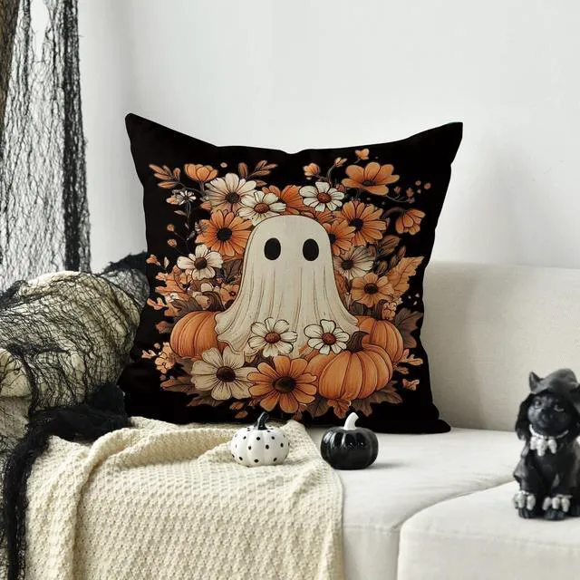 Alt view image 2 of 7 - Halloween Ghost Pumpkin Black Throw Pillow Cover, 18 x 18 Inch Holiday Farmhouse Orange Flower Spooky Cushion Case Decoration for Sofa Couch
