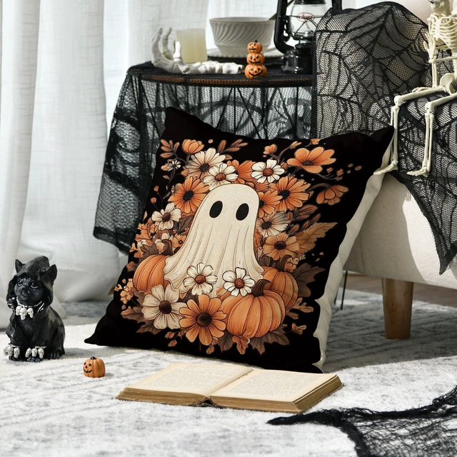 Alt view image 3 of 7 - Halloween Ghost Pumpkin Black Throw Pillow Cover, 18 x 18 Inch Holiday Farmhouse Orange Flower Spooky Cushion Case Decoration for Sofa Couch
