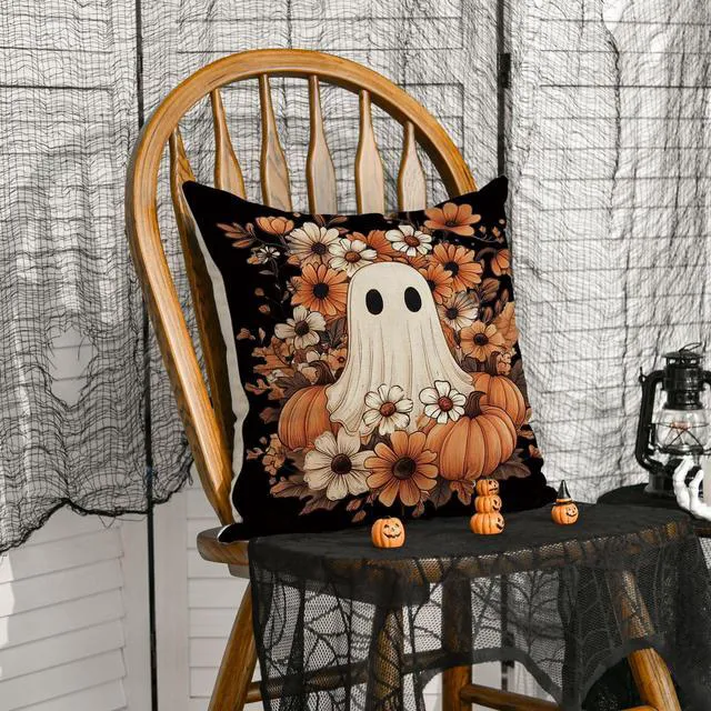 Alt view image 4 of 7 - Halloween Ghost Pumpkin Black Throw Pillow Cover, 18 x 18 Inch Holiday Farmhouse Orange Flower Spooky Cushion Case Decoration for Sofa Couch