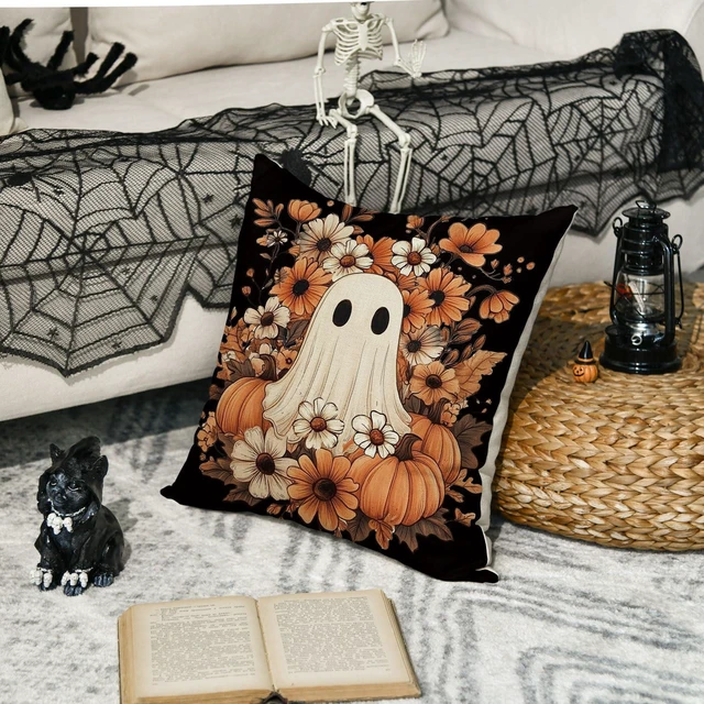 Alt view image 5 of 7 - Halloween Ghost Pumpkin Black Throw Pillow Cover, 18 x 18 Inch Holiday Farmhouse Orange Flower Spooky Cushion Case Decoration for Sofa Couch