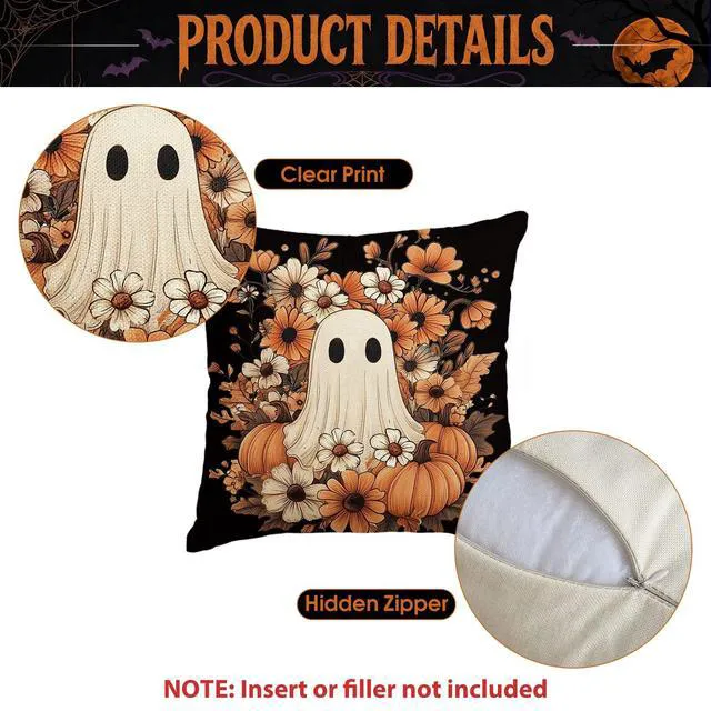 Alt view image 6 of 7 - Halloween Ghost Pumpkin Black Throw Pillow Cover, 18 x 18 Inch Holiday Farmhouse Orange Flower Spooky Cushion Case Decoration for Sofa Couch